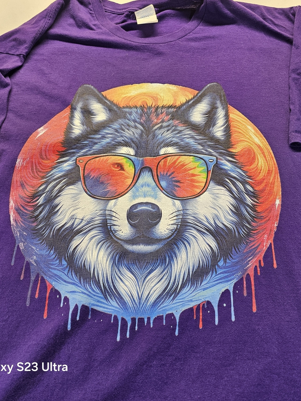 Gildan Purple Tee with Colorful Wolf Sunglasses Graphic